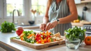 Person preparing fresh vegetables and lean proteins in a bright kitchen, chopping colorful vegetables on a wooden cutting board, natural lighting streaming through windows, healthy meal preparation scene