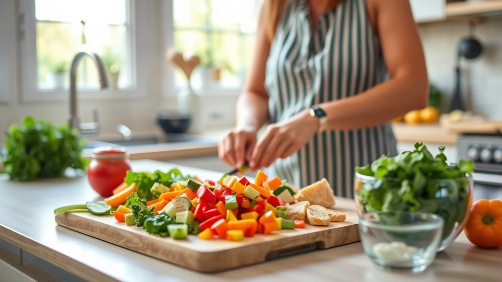 Person preparing fresh vegetables and lean proteins in a bright kitchen, chopping colorful vegetables on a wooden cutting board, natural lighting streaming through windows, healthy meal preparation scene