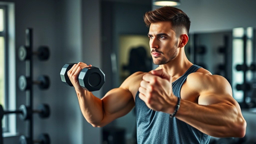 Person doing resistance training with dumbbells in modern home gym, focused expression, muscular physique, motivational fitness environment