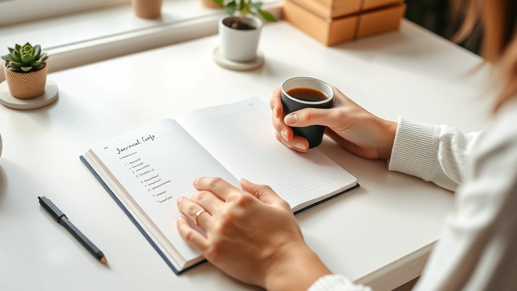 Person journaling or tracking progress with a notebook and coffee cup on a desk, writing goals and reflections, peaceful home office setting, wellness and mindfulness focus, natural daylight