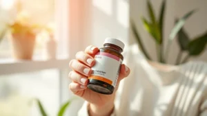 Person holding a supplement bottle in bright natural light, healthy wellness environment, photorealistic, no text or labels visible