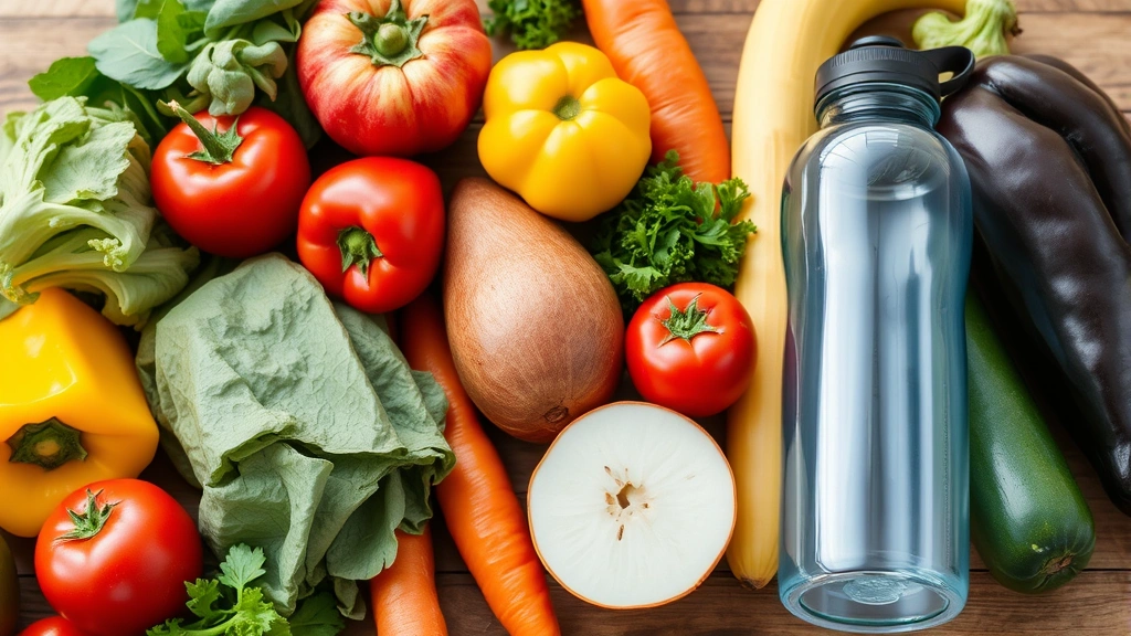 Close-up of fresh vegetables, fruits, and water bottle arranged on wooden surface, clean healthy eating lifestyle, vibrant colors