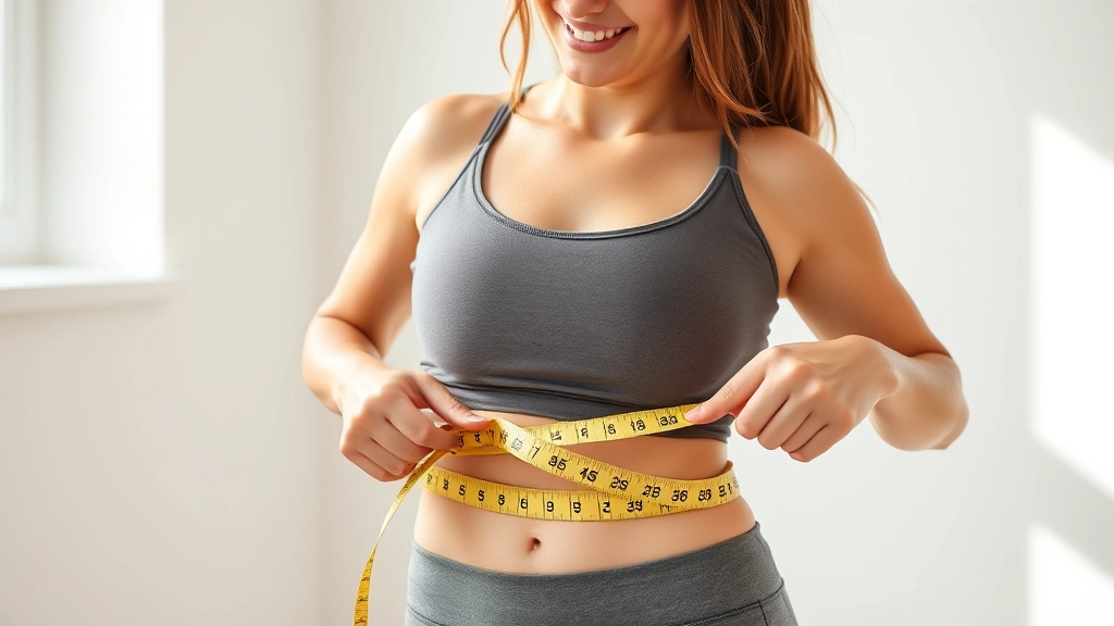 Woman measuring her waist with a tape measure, smiling with confidence, wearing comfortable athletic clothing, bright natural lighting, showing body positivity and progress