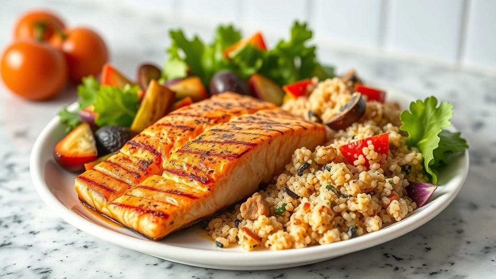Colorful plate of grilled salmon, roasted vegetables, quinoa, and fresh salad, professional food photography, well-lit kitchen counter, appetizing and nutritious meal presentation