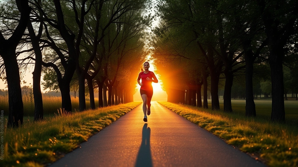 Person jogging on a tree-lined path during golden hour, athletic wear, outdoor natural setting, showing active lifestyle and movement, peaceful expression of wellness