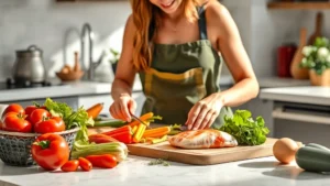 Woman preparing fresh colorful vegetables and lean protein on a modern kitchen counter, natural sunlight, healthy food preparation scene, photorealistic