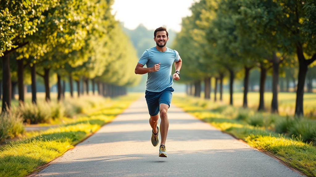 Happy individual jogging outdoors on a tree-lined path, morning exercise, fit and healthy appearance, natural landscape background, photorealistic