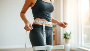 Woman measuring waist with tape measure while standing on scale in bright home gym, showing determination and progress tracking, healthy wellness environment