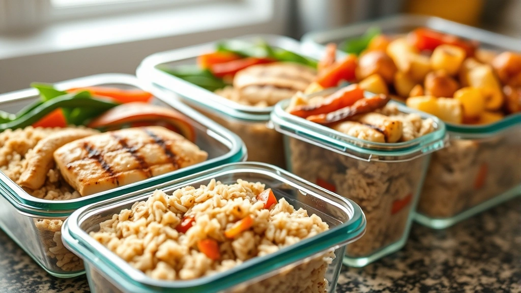 Close-up of nutritious meal prep containers with grilled chicken breast, brown rice, and roasted vegetables on kitchen counter, natural lighting, portion-controlled portions