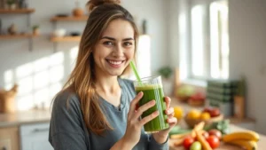Woman drinking green smoothie in bright kitchen, healthy smile, natural sunlight streaming through windows, fresh vegetables and fruits blurred in background, wellness lifestyle photography