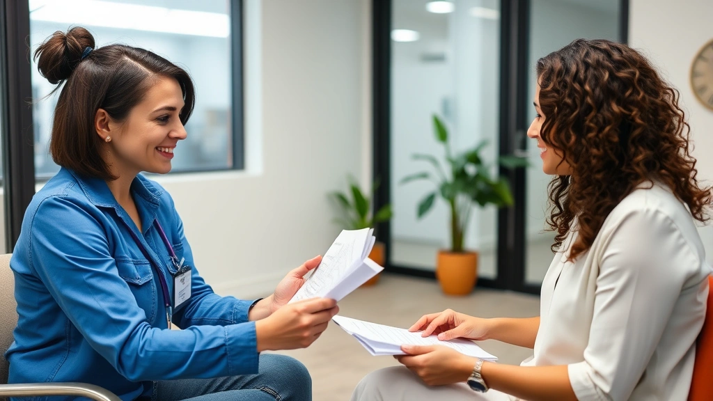 Registered dietitian consulting with patient in modern clinic office, reviewing nutrition plan documents, supportive professional setting, both appear engaged and positive