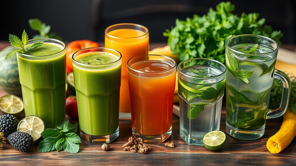 Variety of nutritious beverages displayed on wooden table: green juice, protein shake, clear broth, herbal tea, fresh ingredients nearby, healthy nutrition concept
