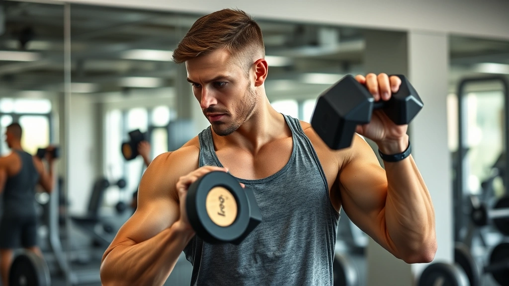 Athletic man performing dumbbell exercises in modern gym with mirrors and equipment, focused intense expression, proper form demonstration