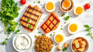 Vibrant overhead flat lay of grilled chicken breast, salmon fillet, Greek yogurt, eggs, lentils, and tofu arranged artfully on white marble surface with fresh herbs and colorful vegetables, natural morning sunlight