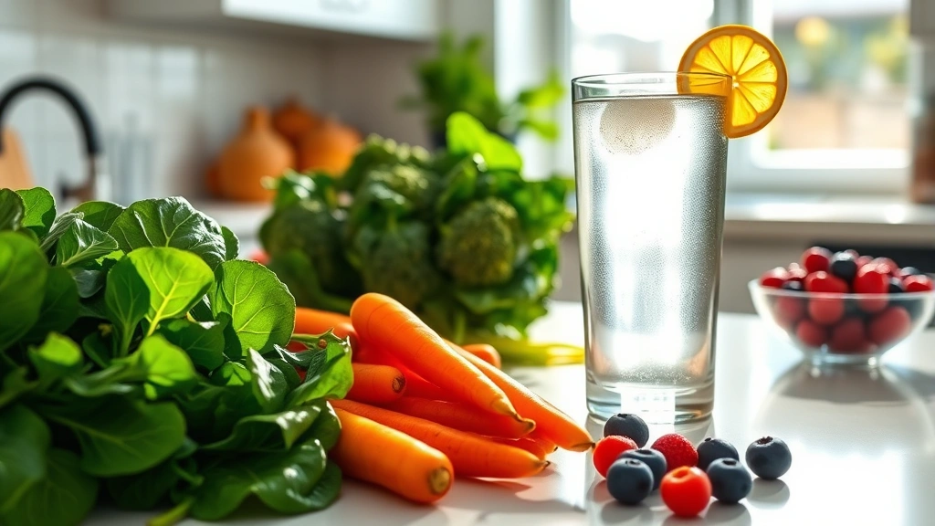 Bright, fresh kitchen counter with colorful vegetables (spinach, broccoli, carrots, berries), clear glass of water with lemon slice, natural morning sunlight streaming through window, healthy meal prep setup