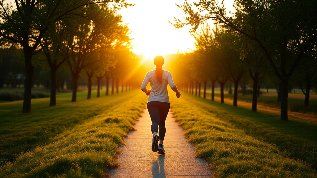Person walking outdoors on tree-lined path during golden hour, athletic wear, energetic movement, fresh air environment, natural landscape with green grass and trees, representing sustainable exercise habits
