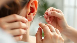 Acupuncturist inserting thin needles into patient's ear during weight loss treatment session, close-up view of hands and acupuncture points, serene clinical setting with soft lighting
