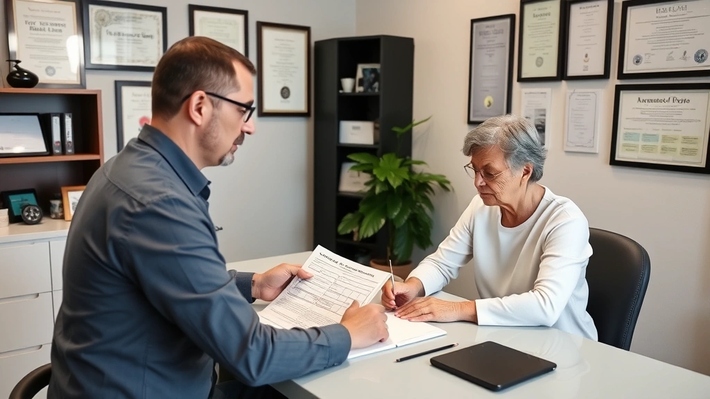 Acupuncture practitioner consulting with middle-aged patient at desk reviewing treatment plan and weight loss goals, professional healthcare setting with certificates and credentials visible on walls