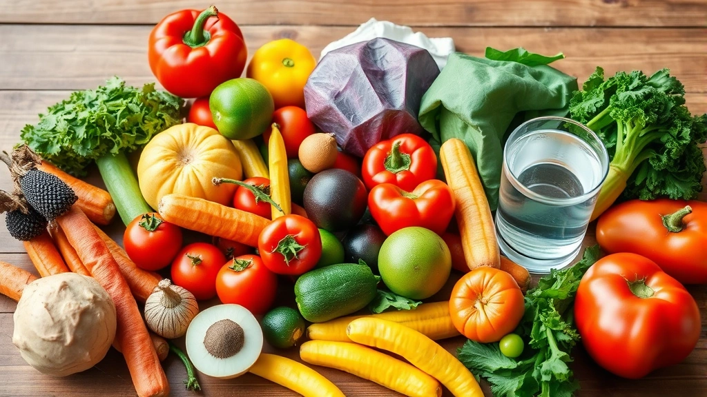 Colorful array of fresh vegetables and fruits on a wooden table with a glass of water, showing balanced nutrition and whole foods
