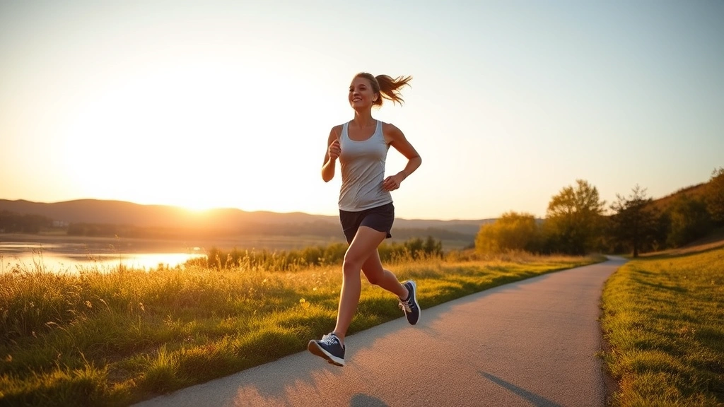 Woman jogging outdoors on a scenic path during golden hour, appearing energized and healthy, demonstrating sustainable exercise enjoyment