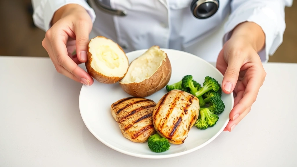 A nutritionist preparing a balanced meal plate with a halved baked potato, grilled chicken breast, and steamed broccoli florets, hands visible arranging food professionally