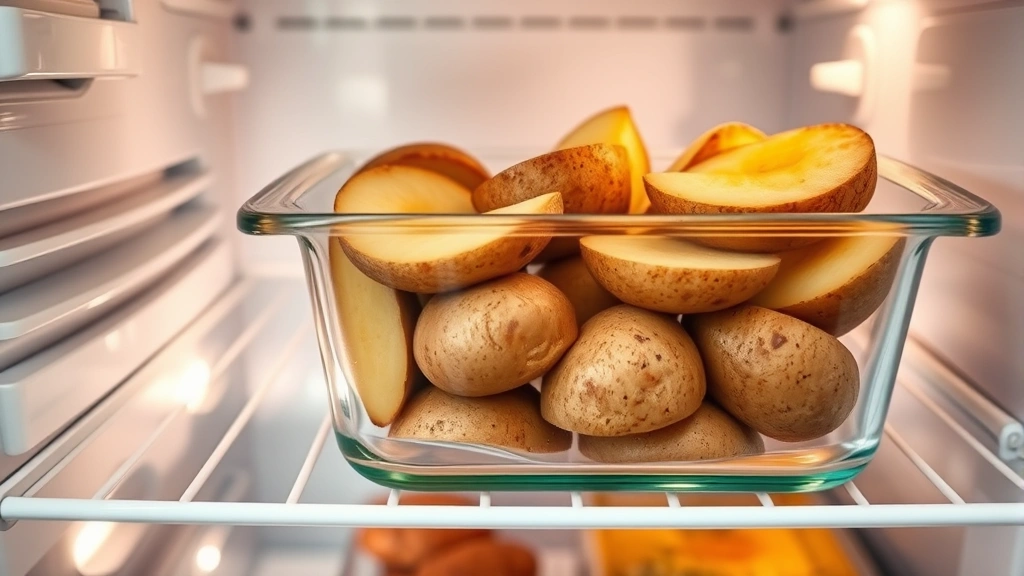 A clear glass container filled with cooled baked potato halves stored in refrigerator, showing meal prep organization, soft natural light through fridge shelves