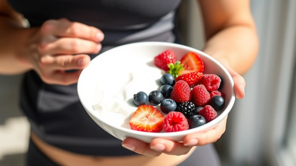 Woman in fitness attire holding a bowl of mixed berries and Greek yogurt, smiling, bright natural daylight, healthy breakfast scene, strawberries prominently featured with blueberries and raspberries