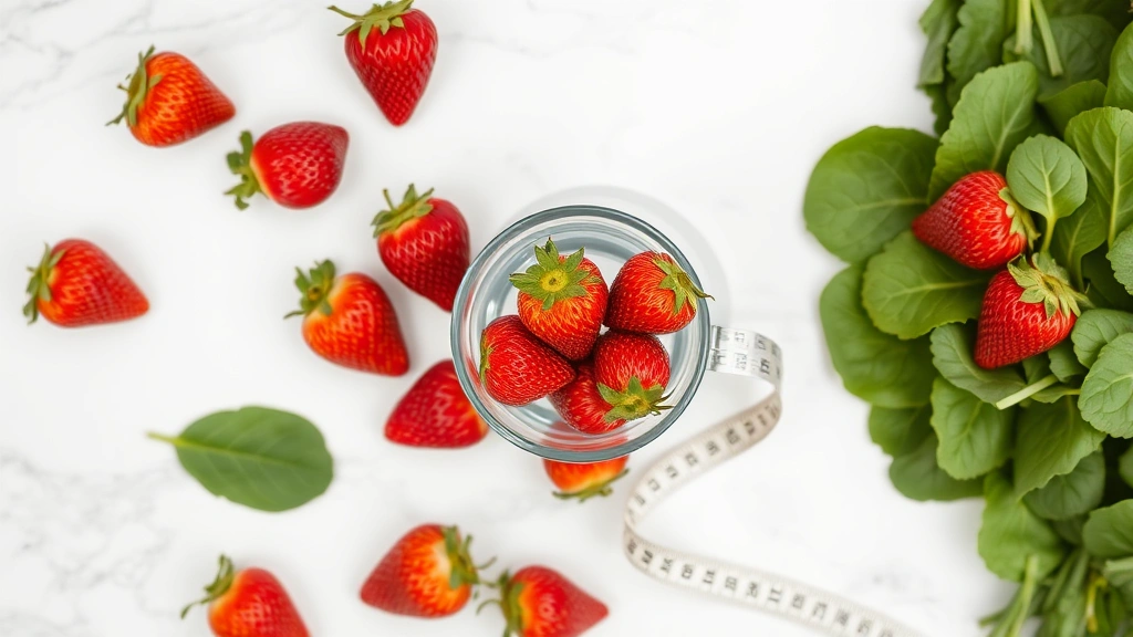 Overhead flat lay of strawberries arranged around a glass of water, measuring tape, and fresh green spinach leaves on marble surface, wellness and nutrition concept, clean minimalist styling