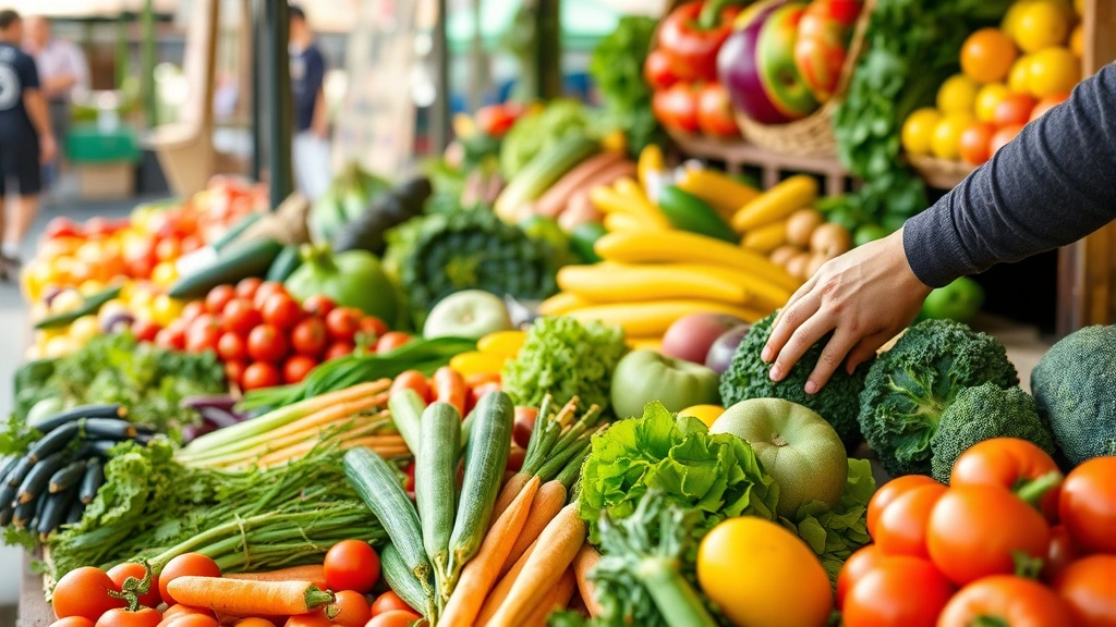 Colorful fresh vegetables and fruits at Austin farmers market stand, vibrant produce display, natural lighting, hands selecting organic items