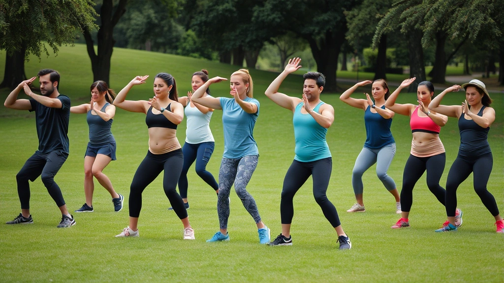 Group of diverse people doing outdoor fitness class in Austin park, strength training exercises, green grass background, motivating and supportive atmosphere