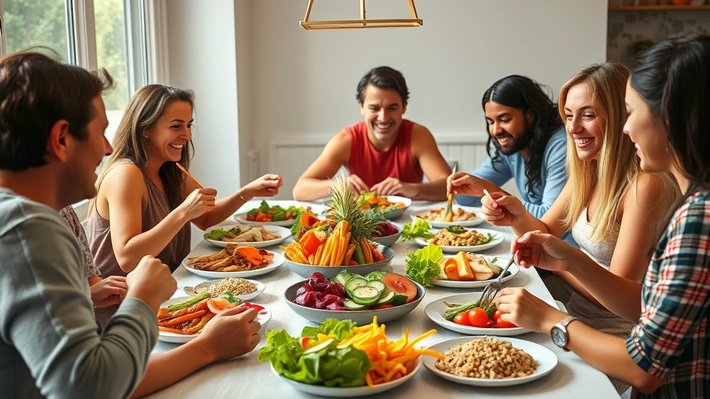 A diverse group of people eating a colorful meal together at a table with fresh vegetables, lean proteins, and whole grains, warm natural lighting, healthy and vibrant food presentation, candid moment of enjoyment