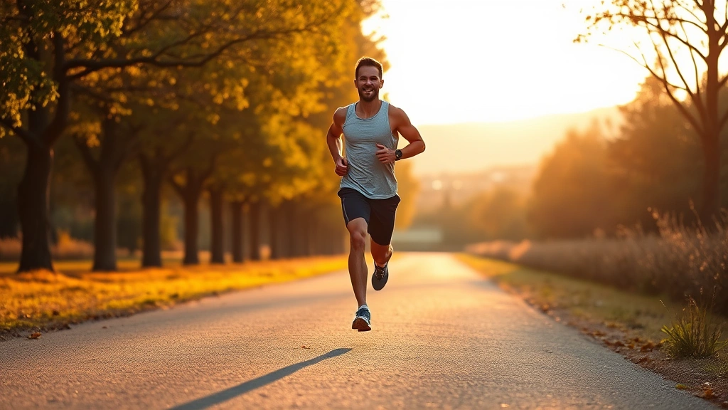A fit person jogging outdoors on a tree-lined path during golden hour, showing movement and health, natural landscape background, energetic and positive mood, no fitness trackers or numbers visible