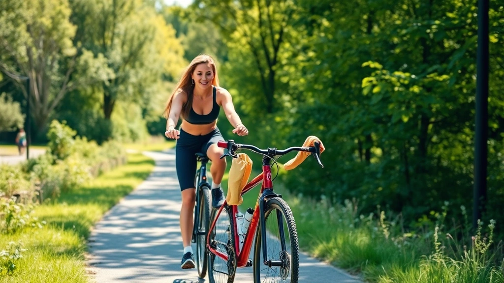 Woman doing outdoor cycling on a scenic path surrounded by green trees and nature, bright daylight, active lifestyle, fitness focused, no visible numbers or metrics