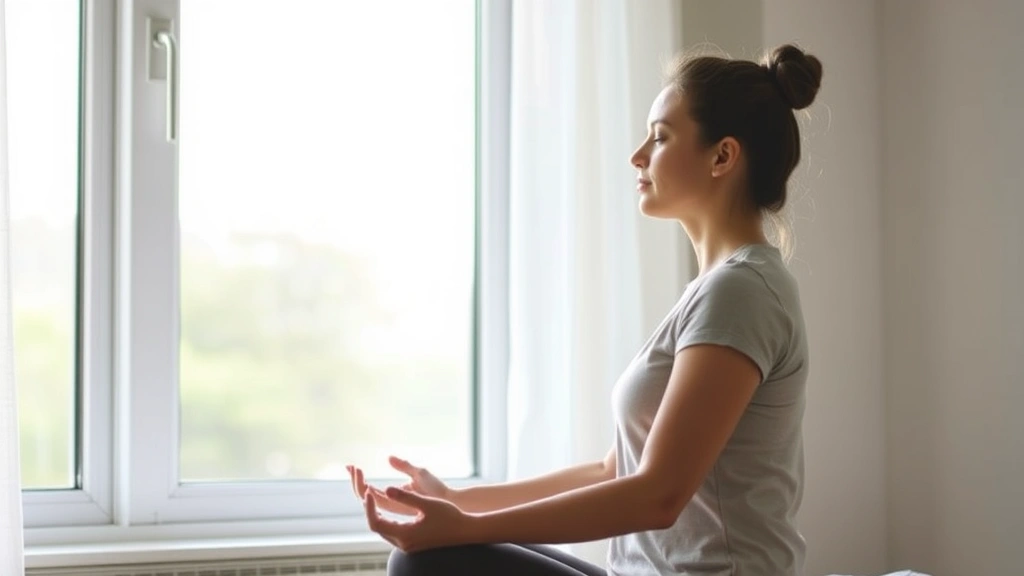 Serene person meditating by a window with natural light streaming in, peaceful indoor setting, wellness and stress management, calm expression, no text or charts
