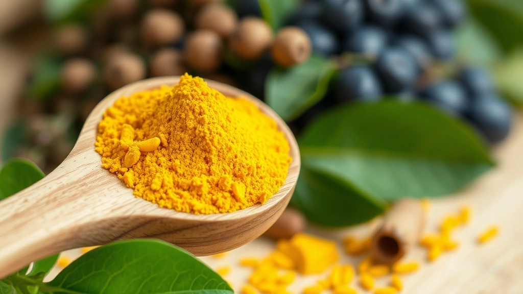 Close-up of vibrant golden berberine powder in a wooden measuring spoon with fresh plant ingredients blurred in background, emphasizing natural supplement origins