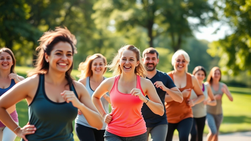 Diverse group of people exercising outdoors in park, smiling and energetic, morning sunlight, natural green background, inclusive fitness community