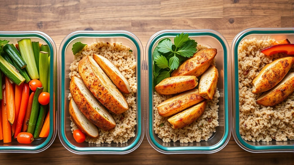 Healthy meal prep containers with grilled chicken, vegetables, and brown rice, fresh and colorful, wooden table, wellness-focused composition