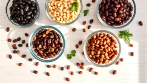 Overhead flat lay of colorful dried beans in glass bowls—black beans, chickpeas, lentils, kidney beans, pinto beans—on a light wooden surface with fresh herbs scattered around, natural sunlight