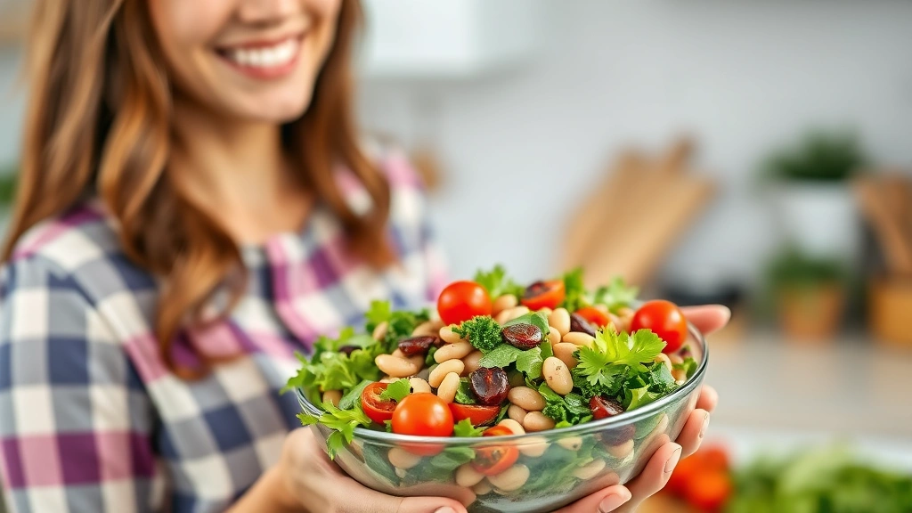 Woman holding a bowl of vibrant bean salad with mixed greens, cherry tomatoes, and colorful vegetables, smiling, bright kitchen background, healthy meal preparation