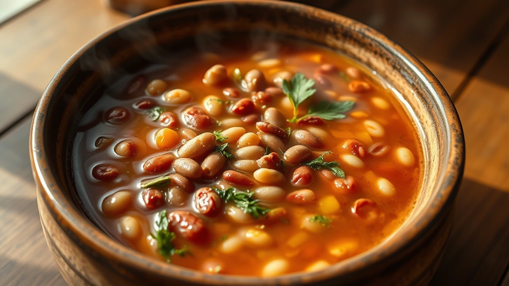 Steaming bowl of hearty bean soup with visible beans, vegetables, and herbs, rustic ceramic bowl on wooden table, warm natural lighting, comfort food aesthetic