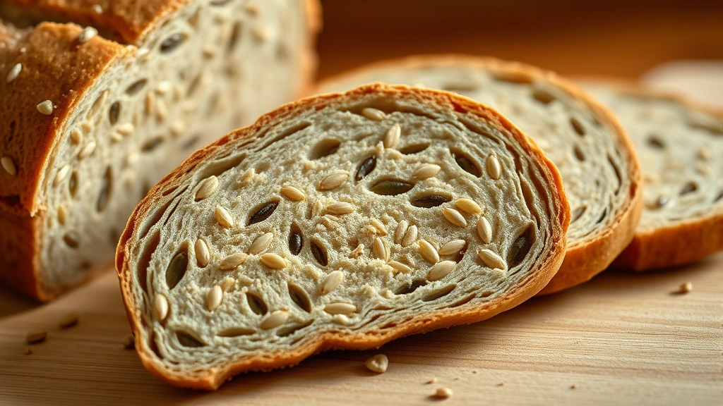 Close-up of freshly sliced whole grain bread with visible seeds and grains, warm natural lighting, wooden cutting board background, healthy breakfast aesthetic