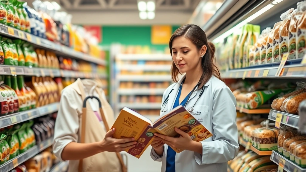 Nutritionist reviewing bread labels in grocery store, comparing whole grain and sprouted options, professional healthcare setting, natural daylight
