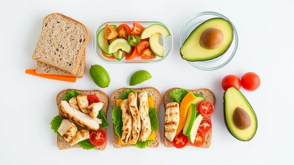 Colorful meal prep setup with whole grain bread slices, grilled chicken, fresh vegetables, avocado, and healthy sandwich ingredients on white surface