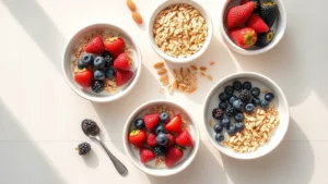 Overhead flat lay of healthy breakfast cereals in white bowls with fresh berries, almonds, and oat milk on light wooden table with morning sunlight