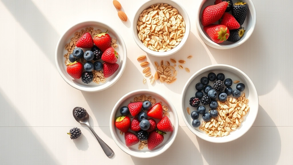 Overhead flat lay of healthy breakfast cereals in white bowls with fresh berries, almonds, and oat milk on light wooden table with morning sunlight