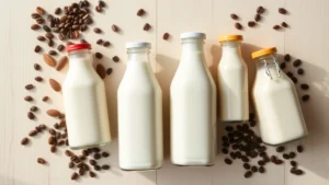 Overhead flat lay of various milk alternatives in glass bottles—almond milk, oat milk, coconut milk, cashew milk—arranged on a light wooden surface with fresh coffee beans scattered around, soft natural morning light