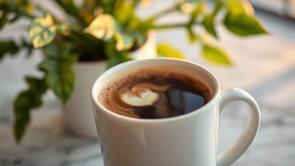 Close-up of a steaming white ceramic mug filled with dark coffee and a light cream swirl on top, sitting on a marble countertop with blurred green plant leaves in background, warm golden hour lighting