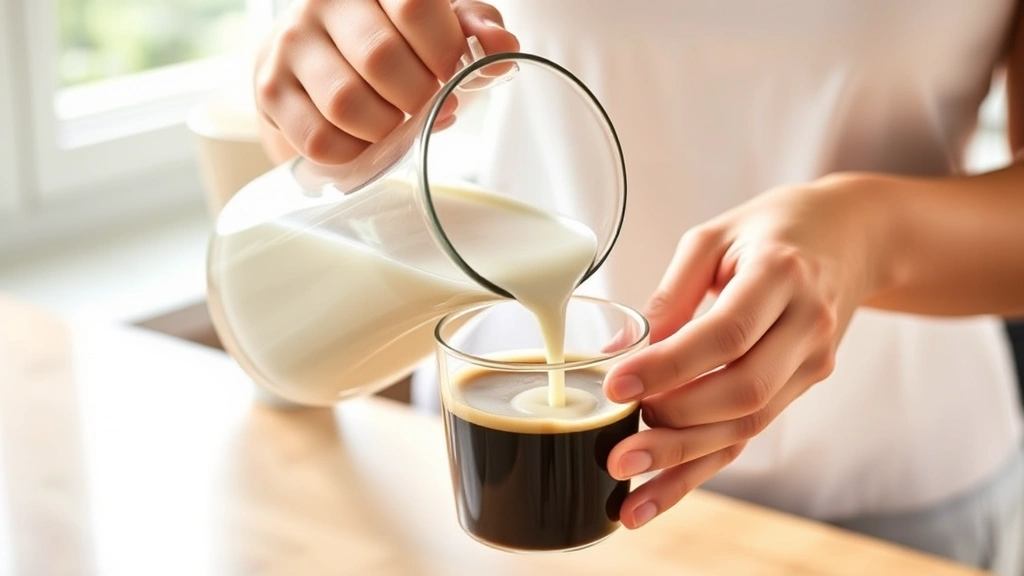 Person's hands pouring unsweetened almond milk from a clear glass pitcher into a cup of black coffee, captured mid-pour showing the cream color mixing, bright kitchen window light, lifestyle photography