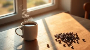 A steaming cup of black coffee in a white ceramic mug on a minimalist wooden table, morning sunlight streaming through a window, fresh coffee beans scattered nearby, warm and inviting atmosphere, photorealistic