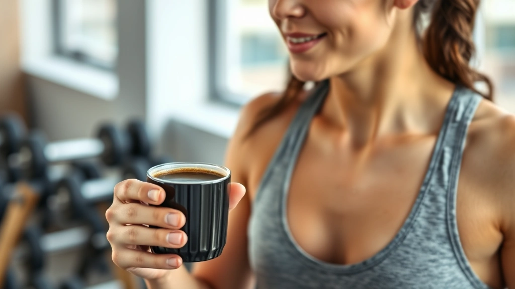 A fit person holding a cup of black coffee before a morning workout, athletic wear, natural gym setting with dumbbells visible, energized expression, healthy lifestyle context, photorealistic